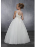 Ivory Sequin Tulle Keyhole Corset Back Beaded Waist Flower Girl Dress